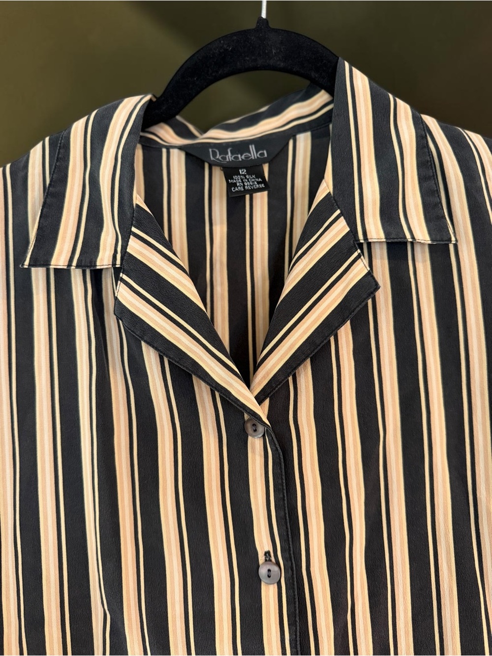 Rafaella 100% Silk Striped Blouse Size 12 Black Tan Colorblock Vintage Career